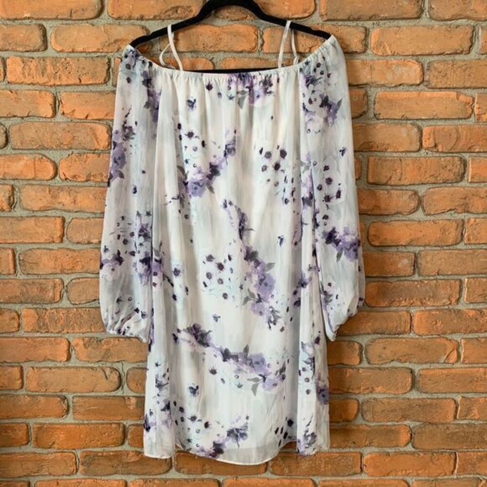 White House Black Market Floral Dress Small White Purple Off-Shoulder Floral‎